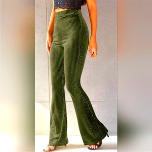 Olive Green Velvet Velour Pinstripe 80s Disco Hippie Flare Pants